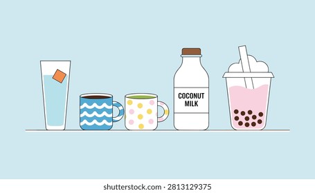 Lineup of different beverages including iced water, hot coffee, green tea, coconut milk, and bubble tea on a blue background.
