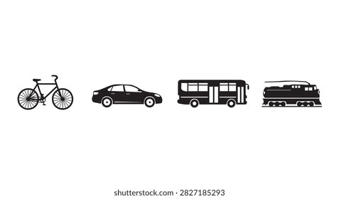A lineup of different transportation modes featuring a bicycle, car, bus, and train, showcasing diverse means of travel and mobility options.