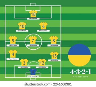 Line-up Football tournament vector illustration.
Country team lineup table and Team Formation on Soccer Field. Vector country flag football tournament