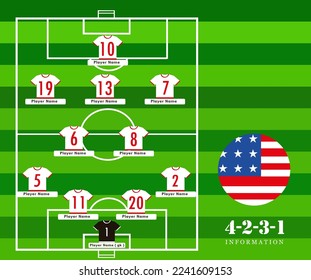 Line-up Football tournament vector illustration.
Country team lineup table and Team Formation on Soccer Field. Vector country flag football tournament