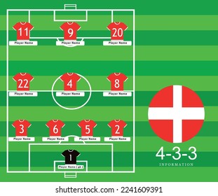 Line-up Football tournament vector illustration.
Country team lineup table and Team Formation on Soccer Field. Vector country flag football tournament