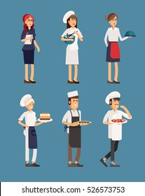 Line-up group of restaurant staff characters in trendy flat design, vector. Chef, assistants, manager or host, waitress or hostess. Catering professionals team personages