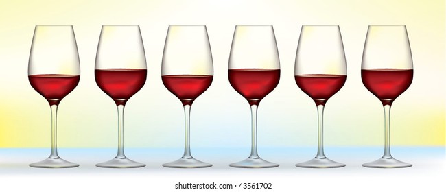 lineup of red wine glasses on soft background