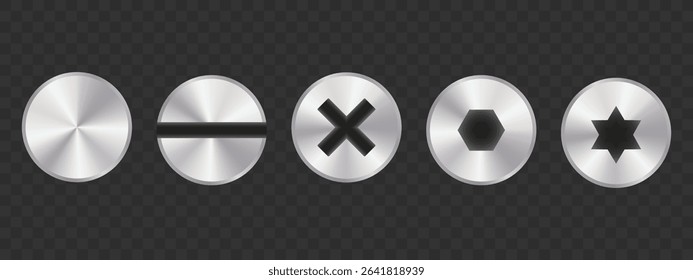 A lineup of screw head types shown in detail, including slotted, Phillips, hexagon, and star drive varieties, set against a translucent dark background.