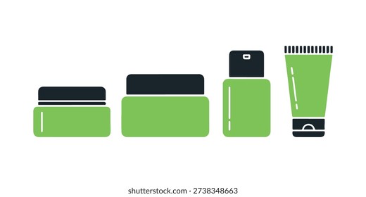 a lineup of uncomplicated icons representing rectangular jars and tubes for care and decorative cosmetics