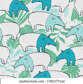 Linework print Forest animals in green shades 