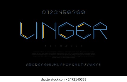 Linger creativa moderna fuente de alfabeto urbano. Digital abstracto futurista, juego, tecno, robot, música, logotipo, deporte, tipografía de tecnología mínima. Ilustración vectorial numérica simple