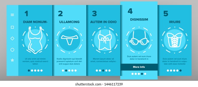 Lingerie Accessories Items Linear Vector Onboarding Mobile App Page Screen. Woman Lingerie, Underwear Symbols Pack. Female Bra, Panty, Corset Pictogram Collection. Fashion Clothes Outline Illustration