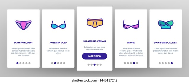 Lingerie Accessories Items Linear Vector Onboarding Mobile App Page Screen. Woman Lingerie, Underwear Symbols Pack. Female Bra, Panty, Corset Pictogram Collection. Fashion Clothes Outline Illustration