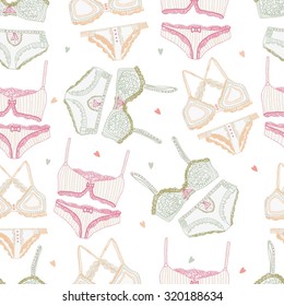 lingerie, bra, accessories, pattern, clothes, color, female fashion, seamless pattern. Beautiful background 