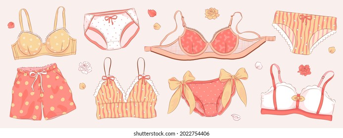 Lingerie design collection. Set of hand drawn pants and bra. Vector illustration of underwear
