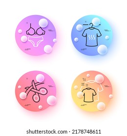 Lingerie, Dry t-shirt and Scissors minimal line icons. 3d spheres or balls buttons. Clean t-shirt icons. For web, application, printing. Bra with panties, Laundry shirt, Cutting ribbon. Vector