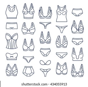 Lingerie Fashion Infographic Elements. Female Underwear Linear Collection. Bra Design And Panties Styles Vector Flat Thin Line Icons Set. Woman Wardrobe Garments. Various Clothes Isolated Symbols