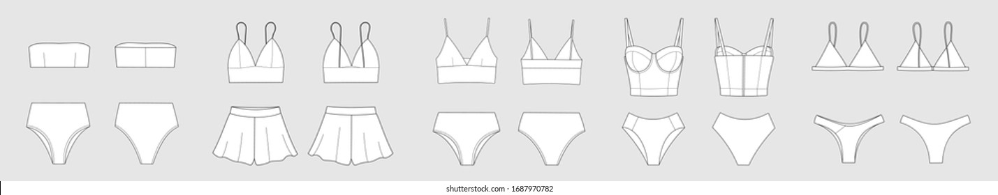 Lingerie female bra, briefs, underpants. Set of female vector template isolated on a grey background. Front and back view. Outline fashion technical sketch of clothes model.