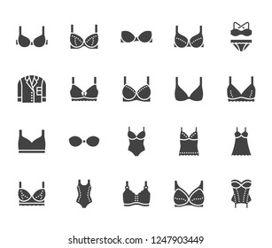 Lingerie flat glyph icons set. Bras types, woman underwear, maternity bra, chemise, pyjamas, swimwear, corset vector illustrations. Signs for clothes store. Solid silhouette pixel perfect 64x64. Lingerie flat glyph icons set. Bras types, woman underwear, maternity bra, chemise, pyjamas, swimwear, corset vector illustrations. Signs for clothes store. Solid silhouette pixel perfect 64x64.