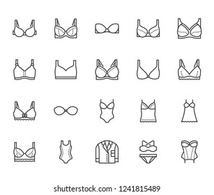 Lingerie flat line icons set. Bras types, woman underwear, maternity bra, chemise, pyjamas, swimwear, corset vector illustrations. Thin signs for clothes store. Pixel perfect 64x64. Editable Strokes.