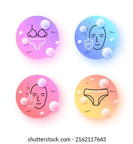 Lingerie, Panties and Healthy face minimal line icons. 3d spheres or balls buttons. Uv protection icons. For web, application, printing. Bra with panties, Underwear lingerie, Healthy cosmetics. Vector