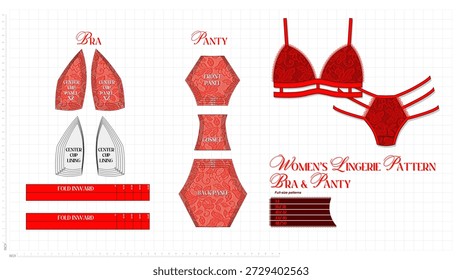 conjunto padrão de lingerie mostrando construção sutiã e calcinha com dimensionamento graduado de 34 a 50. Modelos planos técnicos para estilistas, incluindo copos, forros, painéis e gusset, estúdio