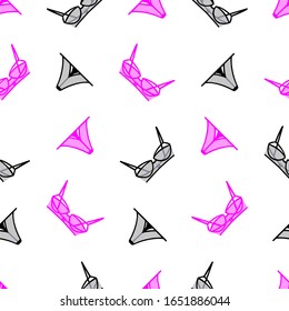 Lingerie seamless pattern. Elegant print for textiles, wallpaper, packaging. Sexy panties and bras on a white background. Isolated pink and black objects. Vector illustration.