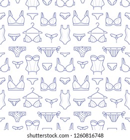 Lingerie seamless pattern with flat line icons of bra types, panties. Woman underwear background, vector illustrations of brassiere, bikini, swimwear. Cute purple white wallpaper for clothes store.