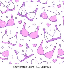 Lingerie seamless pattern with flat line icons of bra types. Woman underwear background, vector illustrations of brassiere. Cute pink white wallpaper for clothes store.