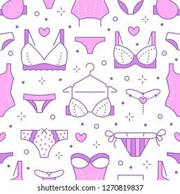 Lingerie padrão sem emenda com ícones de linha plana de tipos de sutiã, calcinhas. Fundo de roupa interior mulher, ilustrações vetoriais de sutiã, biquíni, maiô. Papel de parede branco rosa bonito para loja de roupas.