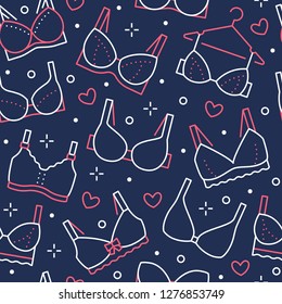 Lingerie seamless pattern with flat line icons of bra types. Woman underwear background, vector illustrations of brassiere. Cute blue white wallpaper for clothes store.