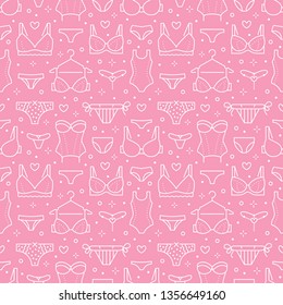 Lingerie seamless pattern with flat line icons of bra types, panties. Woman underwear background, vector illustrations of brassiere, bikini, swimwear. Cute pink white wallpaper for clothes store.