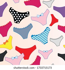 Lingerie nahtloses Muster mit flachen Linien-Icons der Farbpanties. Unterwäsche-Unterwäsche-Hintergrund, Vektorgrafiken von brassiere, Bikini, Badebekleidung. Ziemlich rosa Tapete für Kleidergeschäfte.