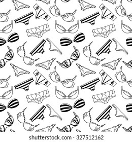 Lingerie seamless pattern. Vector underwear background design. Outline hand drawn illustration. Bras and panties doodle. Fashion feminine wallpaper.
