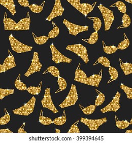Lingerie seamless pattern. Vector underwear background design. Gold bras and panties with shiny sparkles. Fashion feminine wallpaper with glitter effect.