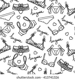 Lingerie seamless pattern. Vector underwear background design. Outline hand drawn illustration. Bras and panties doodle. Fashion feminine wallpaper.