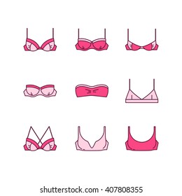 Lingerie set. 9 different types of bra. Female underwear vector set
