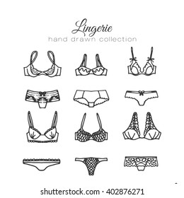 Lingerie set. Vector underwear design. Outline hand drawn illustration. Bras and panties doodle. Fashion feminine collection.