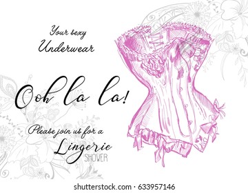 Lingerie Shower Invitation Card With Corset. Fashion Illustration.