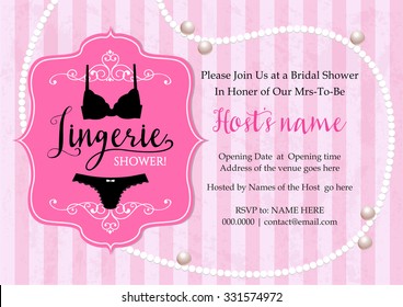 Lingerie shower invitation card with stripe and pearl necklace background