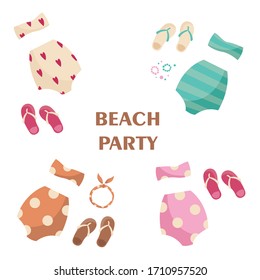 Lingerie and swimsuits vector flat set. Different types of women's beach fashion clothes, swimwear. Summer party on the beach. simple summer banner