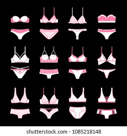 Lingerie vector icon set isolated on black background. Fashion feminine underwear collection. Bras and panties. Vector illustration.