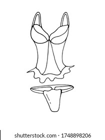 Lingerie for website design. Vector isolated illustration with panties and bra in Doodle style. Symbol of femininity. Design of ads, websites, and banners. An isolated element. Cartoon style. 