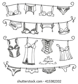 Lingerie woman underwear hang on the rope.Vector hand drawn doodle fashion underwear background design.