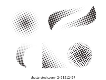 Lingkaran halftone. Abstrak lingkaran putus-putus, putaran halftones geometris titik-titik gradien dan pop art tekstur. Dot semprot gradasi vektor set