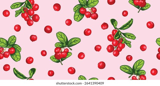 Lingonberries vector seamless pattern. Red lingonberry or cowberry graphic on pink background. Lingonberry twig vector design for fabric, paper, wallpaper, cover, decoration, wrapping, other use.
