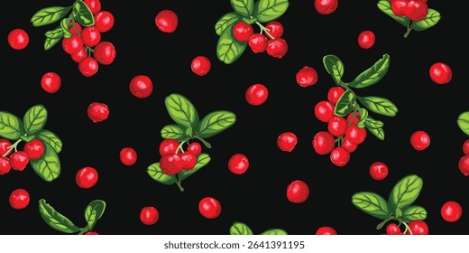 Lingonberries vector seamless pattern. Red lingonberry or cowberry graphic on black background. Lingonberry twig vector design for fabric, paper, wallpaper, cover, decoration, wrapping, other use.