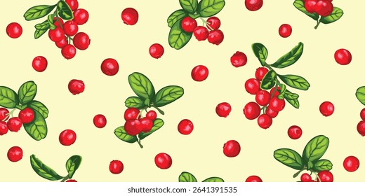 Lingonberries vector seamless pattern. Red lingonberry or cowberry graphic on yellow background. Lingonberry twig vector design for fabric, paper, wallpaper, cover, decoration, wrapping, other use.