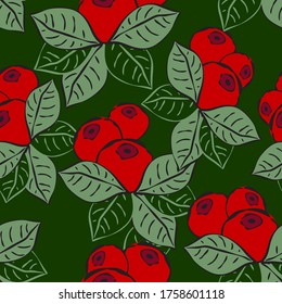 Lingonberry berries and leaves seamless pattern. Vector background.