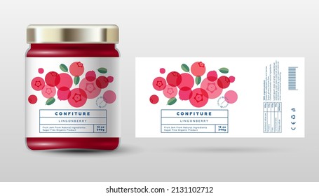 Lingonberry confiture. Sweet jam. Transparent berry fruits. Label and packaging simple design.