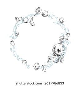 Lingonberry cranberry flying in water splash with green leaves and drops, red ripe forest berry bearberry teaberry vector hand drawn in ink. Isolated circle wreath frame for cafe menu, farmers market
