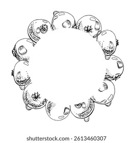 Lingonberry cranberry vector hand drawn in ink, group of scattered ripe forest berry, dew drops, bearberry teaberry. Wreath frame isolated illustration. Restaurant, dessert cafe menu, farmers market