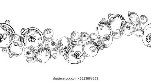 Mão do vetor de oxicoco de lingonberry desenhada em tinta, espalhou o grupo de frutos maduros da floresta, gotas de orvalho, teaberry de bearberry. Ilustração isolada de banner uniforme. Home preservas, papelaria têxtil, livro de receitas