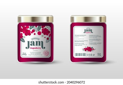 Lingonberry jam. Label for jar and packaging. Berries, leaves and flowers, text, stamp(sugar free).